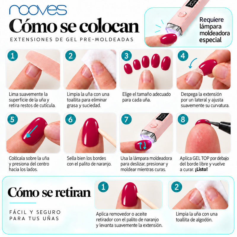 Extensiones de gel NOOVES Fuchsia Night, forma oval, cómo se colocan y se retiran