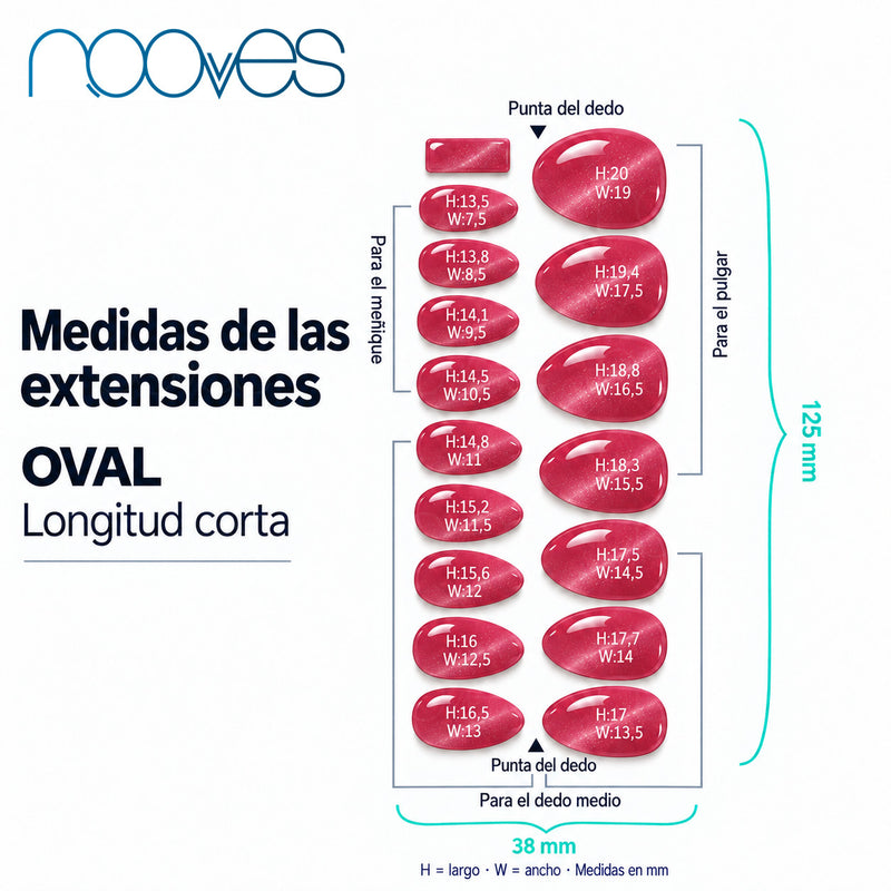 Extensiones de gel NOOVES Mystic Rose, forma oval, guía de medidas
