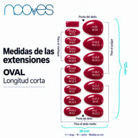 Extensiones de gel NOOVES Fuchsia Night, forma oval, guía de medidas