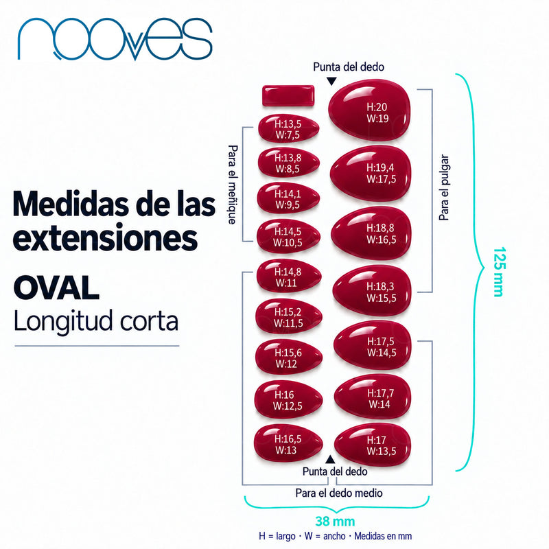 Extensiones de gel NOOVES Fuchsia Night, forma oval, guía de medidas