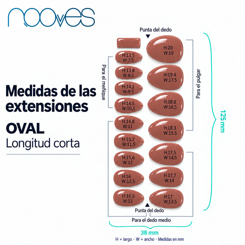 Extensiones de gel NOOVES Vintage Rose, forma oval, guía de medidas