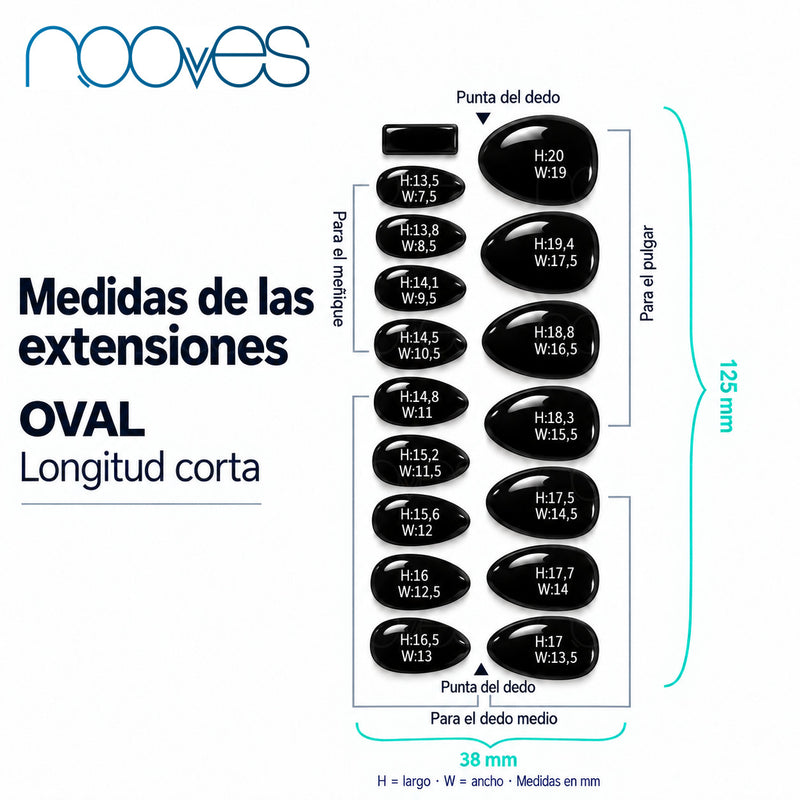 Extensiones de gel NOOVES Obsidian Night, forma oval, guía de medidas