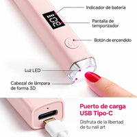 Lámpara de moldeado rosa con indicador de batería, temporizador y botón de encendido señalados, y puerto USB Tipo-C