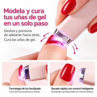Lámpara de moldeado deslizándose sobre una uña roja para curar el gel