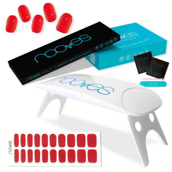 Pack Nooves Nails Red Designs Folha de gel premium pré-curada + lâmpada de unhas UV/LED PORTÁTIL de 8W - lâmpada de secagem de unhas de 8W