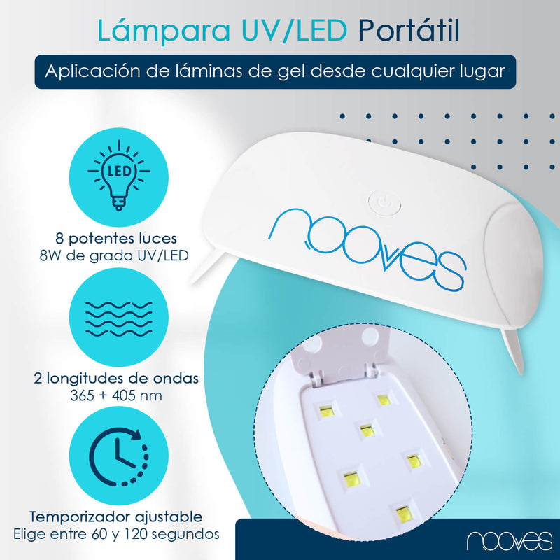 Pack Nooves Designs Nail Art Folha de gel premium pré-curada + UV/LED Lâmpada de unhas PORTÁTIL 8w - Lâmpada de secagem de unhas de 8W