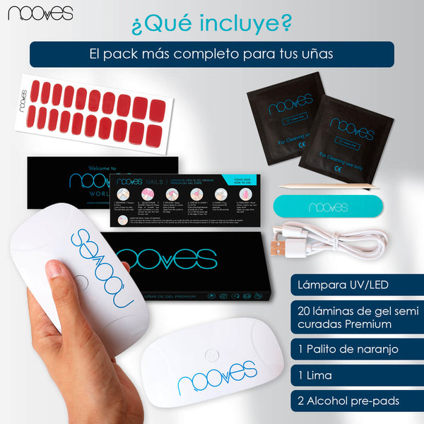 Pack Nooves Nails Red Designs Folha de gel premium pré-curada + lâmpada de unhas UV/LED PORTÁTIL de 8W - lâmpada de secagem de unhas de 8W