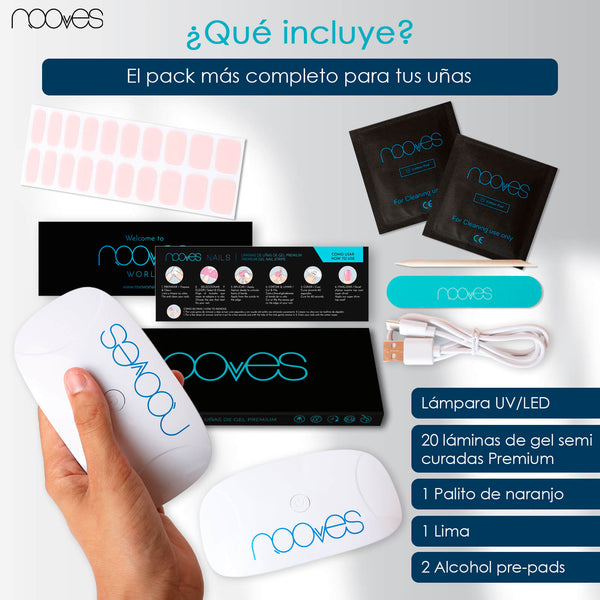 Pack Nooves Nails Folha de gel premium pré-curada Pink Designs + Lâmpada UV/LED 8W PORTÁTIL - Lâmpada secadora de unhas 8W