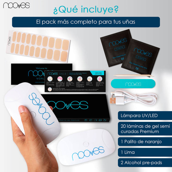 Pack Lámina de uñas de gel Premium precurado Nooves Nails Diseños Nude + Lámpara uñas UV/LED PORTÁTIL 8w