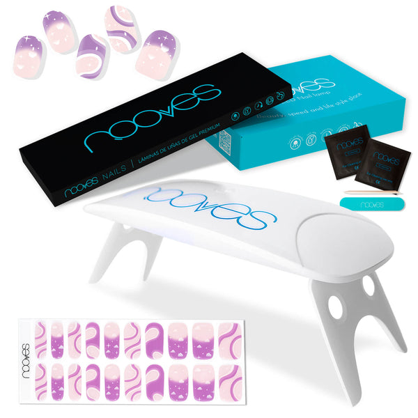 Pack Nooves Designs Nail Art Folha de gel premium pré-curada + UV/LED Lâmpada de unhas PORTÁTIL 8w - Lâmpada de secagem de unhas de 8W