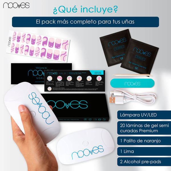 Pack Lámina de uñas de gel Premium precurado Nooves Diseños Nail Art + Lámpara uñas UV/LED PORTÁTIL 8w