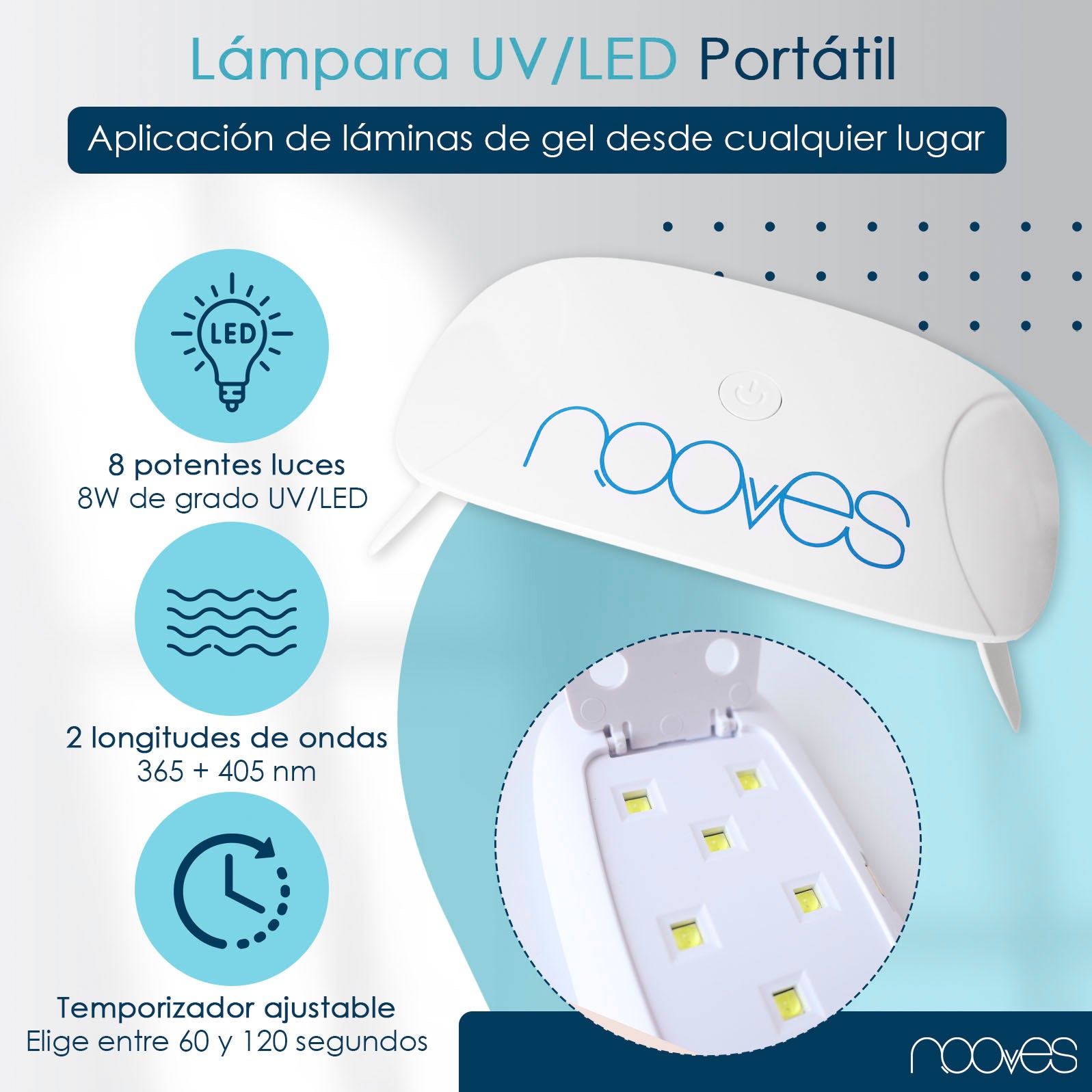 Pack Lámina de uñas de gel Premium precurado Nooves Diseños Art Design + Lámpara uñas UV/LED PORTÁTIL 8w