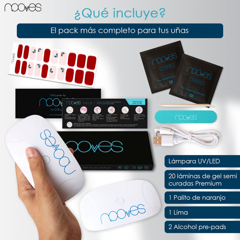 Resultado Manicura en casa con Pack Lámina de uñas de gel Premium precurado Nooves Diseños Navidad + Lámpara uñas UV/LED PORTÁTIL 8w - Acabado Natural