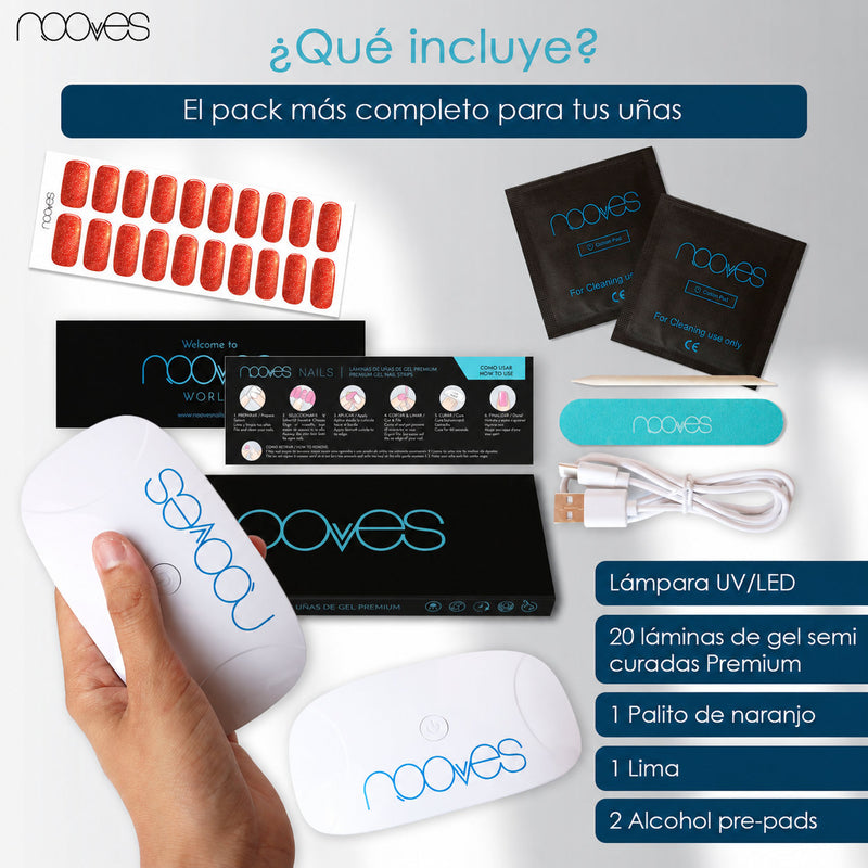 Textura y grosor láminas Pack Lámina de uñas de gel Premium precurado Nooves Diseños Cat Eye + Lámpara uñas UV/LED PORTÁTIL 8w - Gel auténtico semicurado al 60%