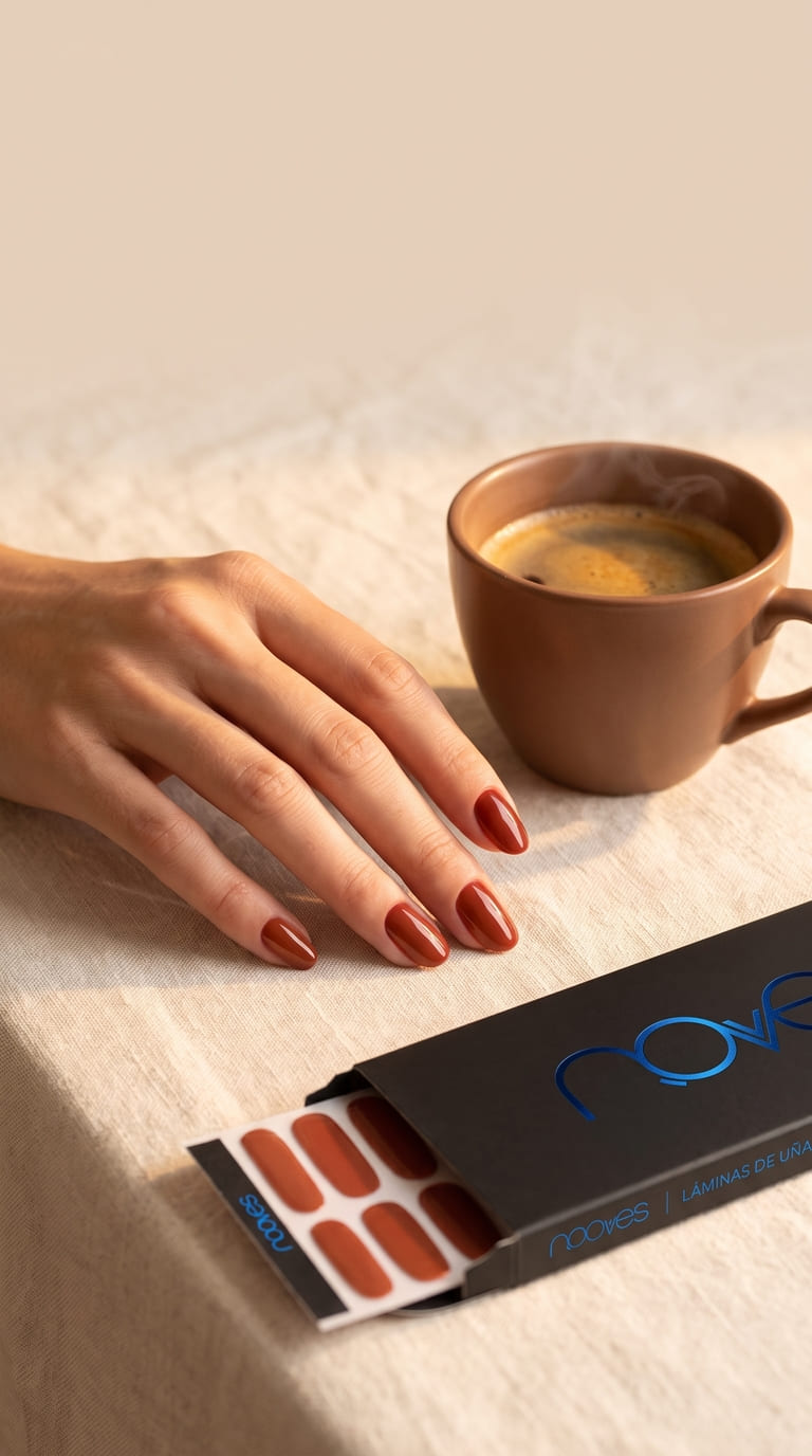 Manicura de gel NOOVES en tono garnet red y terra — colores de uñas de septiembre 2026 para la vuelta