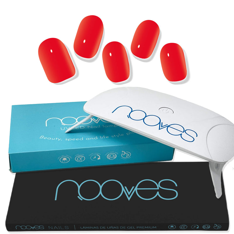 Pack Nooves Nails Red Designs Folha de gel premium pré-curada + lâmpada de unhas UV/LED PORTÁTIL de 8W - lâmpada de secagem de unhas de 8W