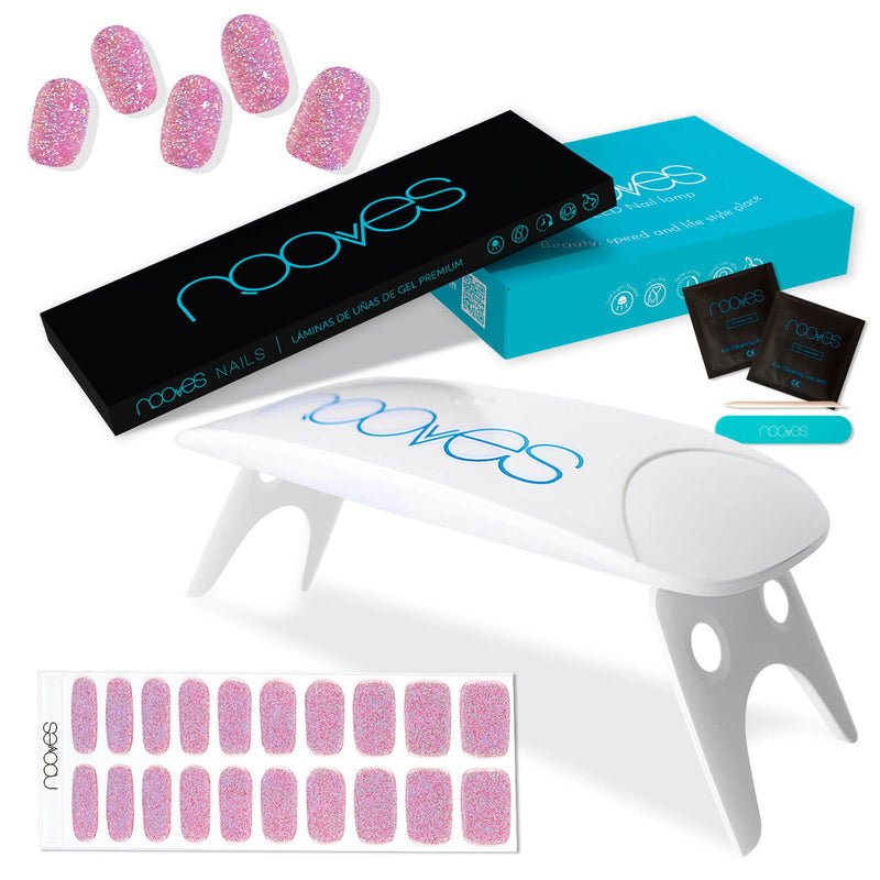Pack Nooves Nails Folha de gel premium pré-curada Pink Designs + Lâmpada UV/LED 8W PORTÁTIL - Lâmpada secadora de unhas 8W